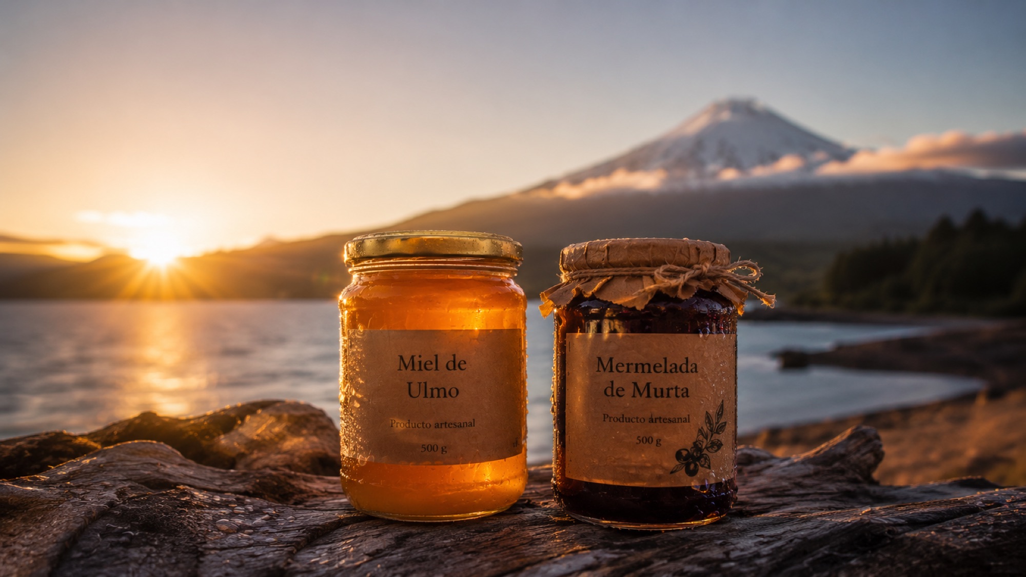 Miel de ulmo y mermelada de murta de Pucón con el volcán de fondo